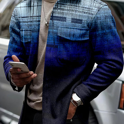 Person wearing a blue plaid jacket and beige sweater, holding a phone, standing next to a car.

