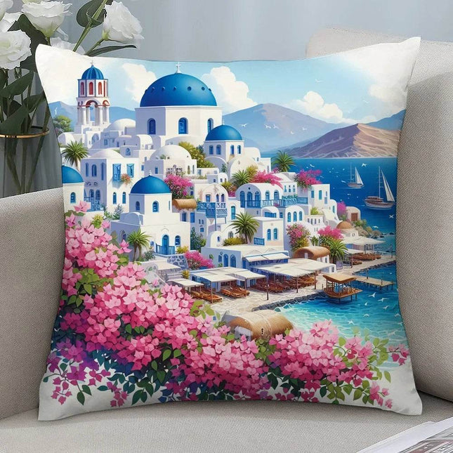 Santorini Landscape Plush Pillow Case - Mad Fly Essentials