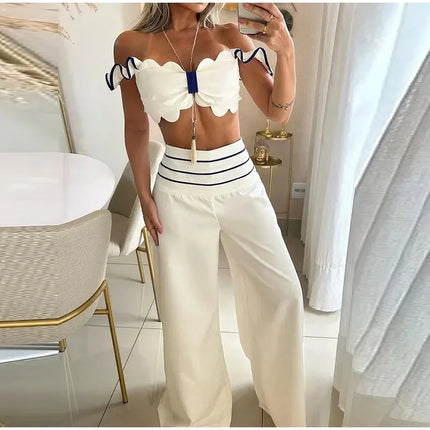Women's Solid Single Breasted Top+Wide Leg Set