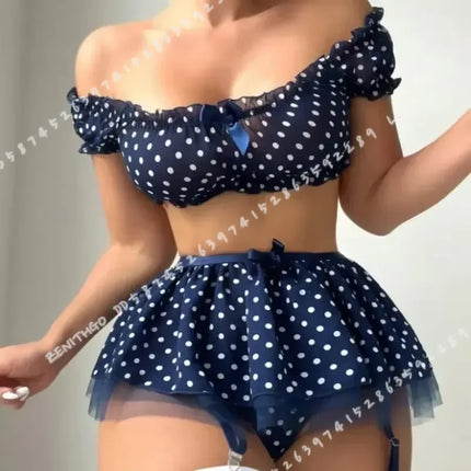 Lingerie Set Women Polka Dot Off Shoulder Mini Skirt - Lingerie Set - Ellolace - Mad Fly Essentials