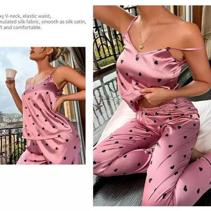 Women Satin Silk Hearts Pajamas Sets - Women's Shop Mad Fly Essentials