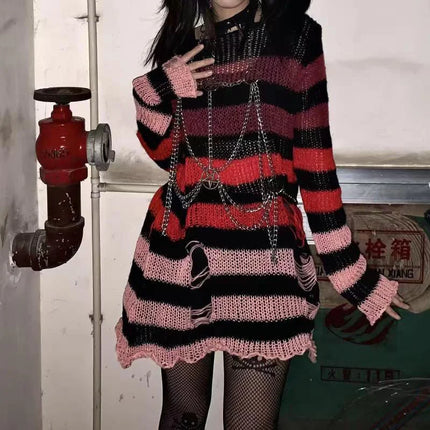 Sweater Women Gothic Striped Hollow Long Pullover - Sweater - Lunoakvo - Mad Fly Essentials