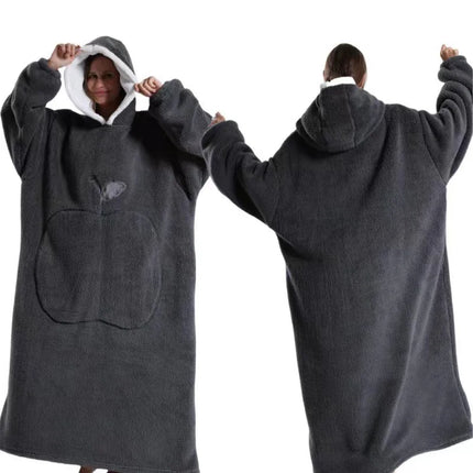 Person wearing a gray hoodie with a front pocket, shown from front and back views.

