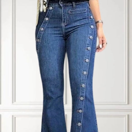 Women High Waist Button Flare Jeans