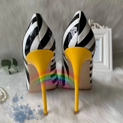 High Heels Women Black White Striped Pointed Heels - High Heels - wetkiss - Mad Fly Essentials