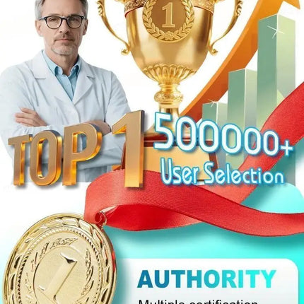 Man in a lab coat with a gold trophy, medal, and text about user selection and authority.

