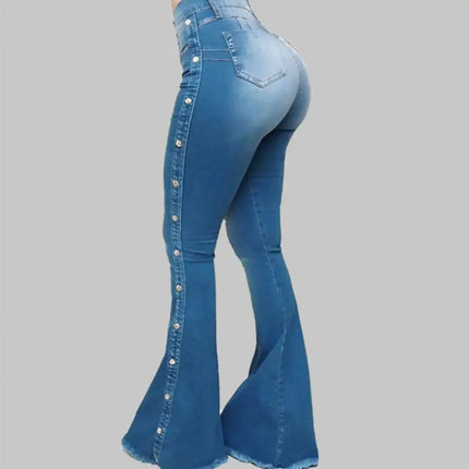 Women Mid Waist Elastic Denim Flare Jeans