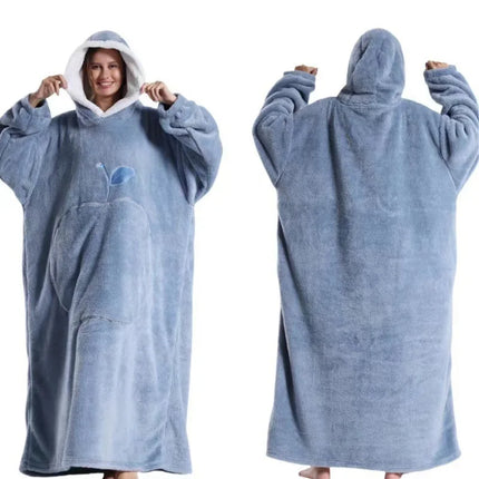Blue hooded blanket worn by a person, shown from front and back on a white background

