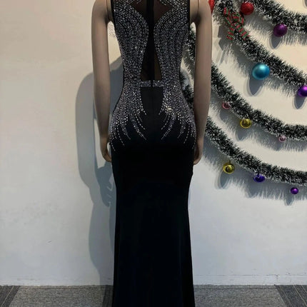 Women Rhinestone Black Prom Evening Maxi Dress