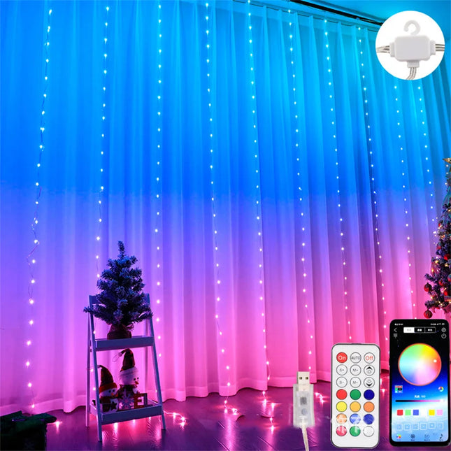 RGB LED Color Changing Rainbow 3X3M Bluetooth APP Curtain Fairy Light