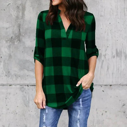 Women Fashion Plaid V-neck Sweatshirt - Mad Fly Essentials
