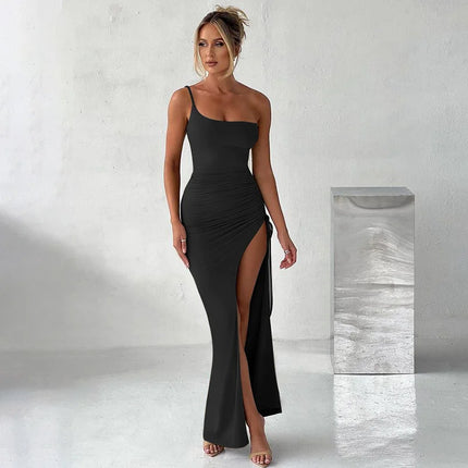 Women One Shoulder Thigh Split Backless Party Dress
