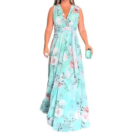 Women Floral Print V-Neck Sleeveless Maxi Dress - Mad Fly Essentials
