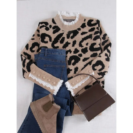 Sweater Women Leopard Print Crew Neck Pullover - Sweater - Temptation - Mad Fly Essentials