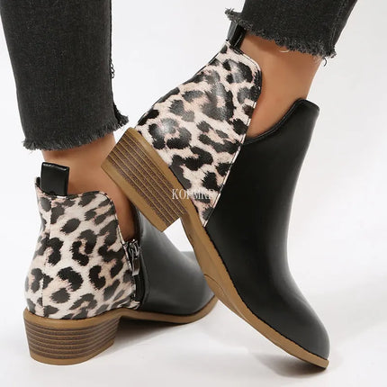 Women Black Leopard Print Casual Gothic Ankle Boots