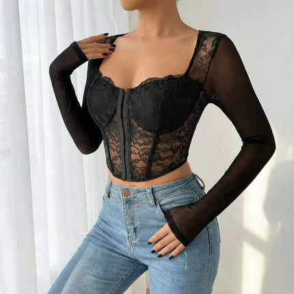 Crop Top Women Blouse Black Floral Fashion Seasonal Wear - Crop Top - thefound - Mad Fly Essentials