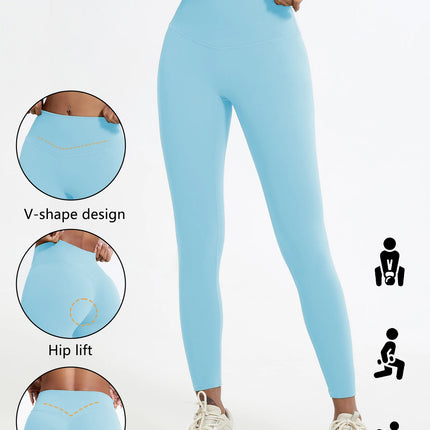 Light blue leggings with V-shape design, hip lift, and deep V lift feature on a white background.

