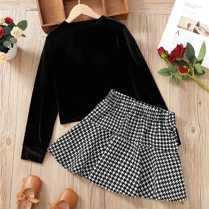 Girl Velvet Long Houndstooth 2pc Skirt Set - Mad Fly Essentials
