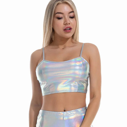 Women Holographic Solid Crop Top - Wide Leg Pants Matching Set