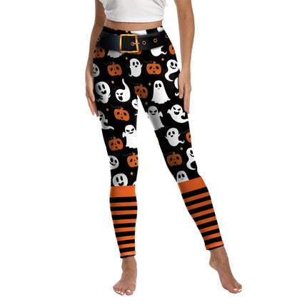 Halloween-themed leggings with pumpkins, ghosts, and striped cuffs on a white background

