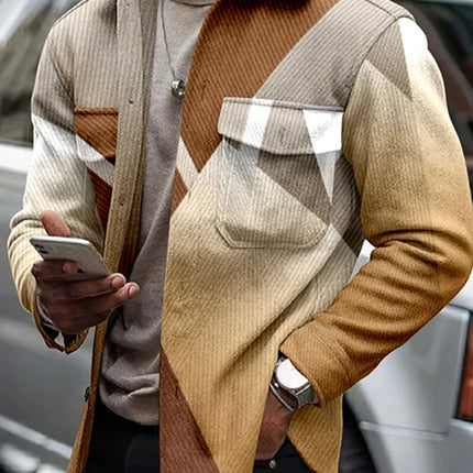 Person wearing a patterned jacket holding a phone, standing next to a car.

