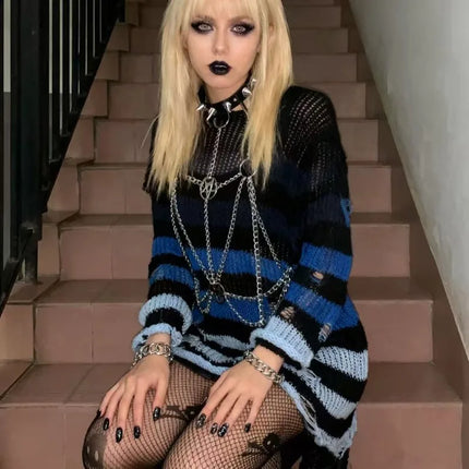 Sweater Women Gothic Striped Hollow Long Pullover - Sweater - Lunoakvo - Mad Fly Essentials