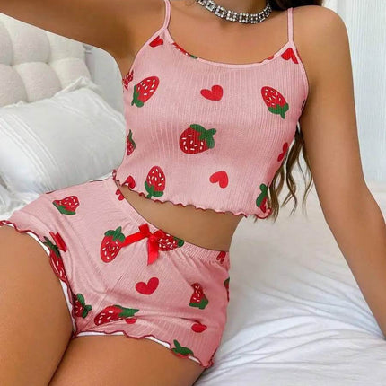 Women Strawberry Heart Homewear 2pc Pajama Set - Mad Fly Essentials