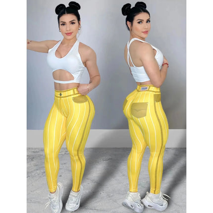 Fitness Leggings Women Pink Denim Striped Leggings - Fitness Leggings - Bliluen - Mad Fly Essentials