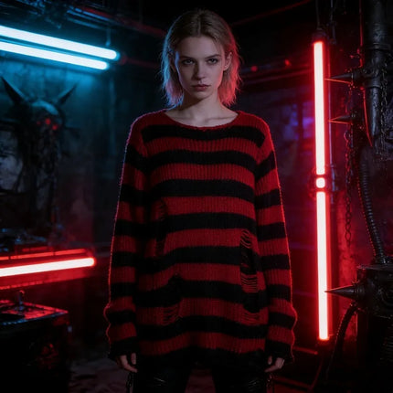 Sweater Women Gothic Striped Hollow Long Pullover - Sweater - Lunoakvo - Mad Fly Essentials