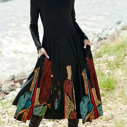 Women Vintage Bohemian Gradient MIDI Pocket Dress