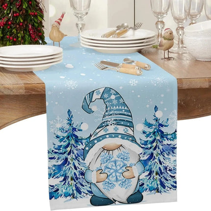 Christmas Snowflake Blue Pine Tree Gnomes Linen Table Runner
