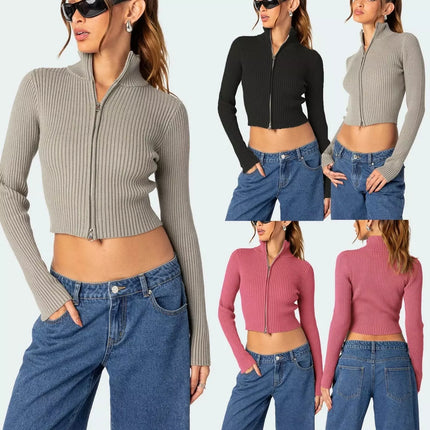 Women Vintage Solid Zip Cropped Sweater