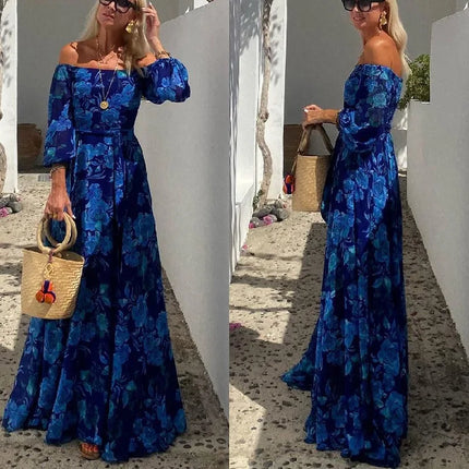 Maxi Dress Women Slash Neck Blue Elegant Dress - Maxi Dress - Owner Girl - Mad Fly Essentials