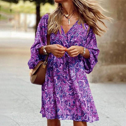 Women Retro Floral Flare Sleeve Mini Dress - Mad Fly Essentials