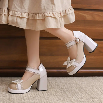 Women Mixed Color Round Toe 9.5cm Block Heels