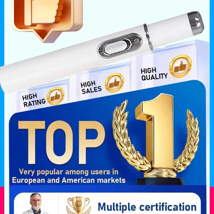 Product packaging with certification badges, a gold trophy, and a thumbs-up icon on a blue and pink background.

