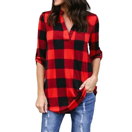 Women Fashion Plaid V-neck Sweatshirt - Mad Fly Essentials