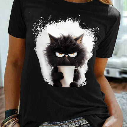 Shirt Women Cat Daily Weekend Black Short Graphic Tee - Shirt - Winretro - Mad Fly Essentials