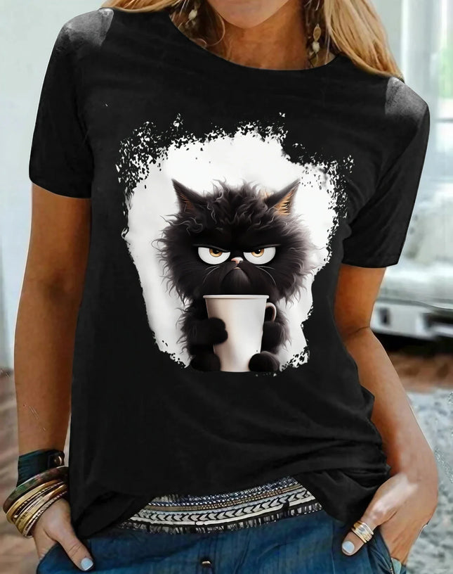 Shirt Women Cat Daily Weekend Black Short Graphic Tee - Shirt - Winretro - Mad Fly Essentials
