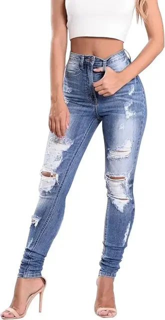 Jeans Women Ripped Hole Pencil Denim Trousers - Jeans - Honeygaga - Mad Fly Essentials