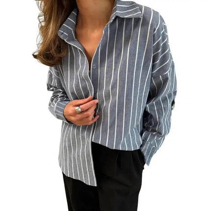 Women Striped Plaid Long Turn Down Collar Shirt - Mad Fly Essentials