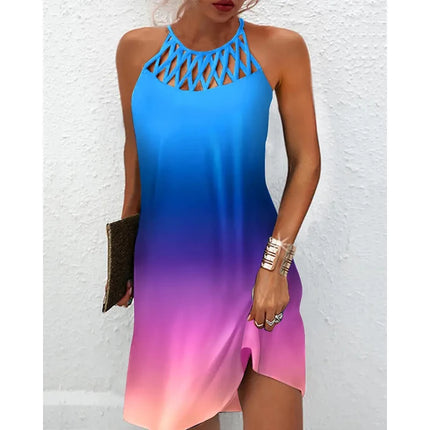 Women Fashion 2024 Rainbow Gradient Hollow Out Beach Dress