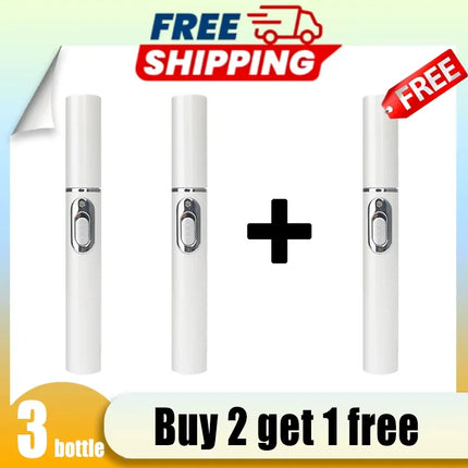 Three white bottles with a plus sign and free shipping and buy 2 get 1 free text on a gradient background.

