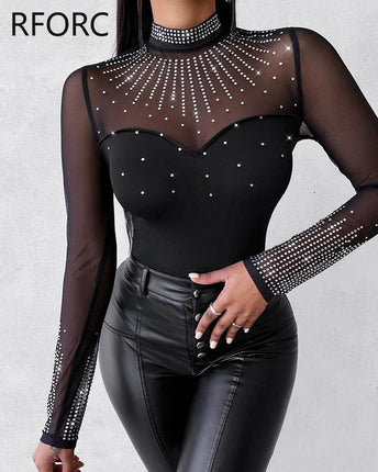 Women Solid Long Contrast Rhinestone Bodysuit - Mad Fly Essentials
