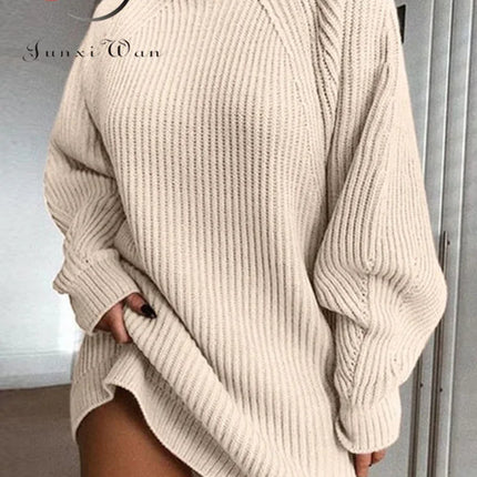 Women Turtleneck Oversized Khaki Mini Sweater Dresss