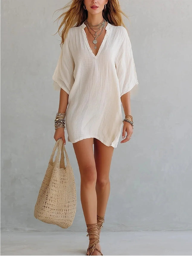 Business Attire Women Boho Linen Mini Dress - Business Attire - Suit Set - Mad Fly Essentials