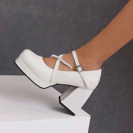 Women Square Toe Chunky Bead Design Heels