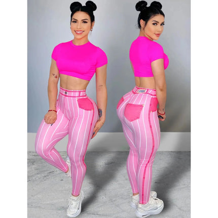 Fitness Leggings Women Pink Denim Striped Leggings - Fitness Leggings - Bliluen - Mad Fly Essentials