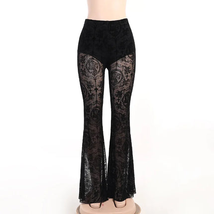 Pants Women Black Gothic Lace Flare Pants - Bivigaos - Pants - Mad Fly Essentials