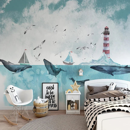 Custom 3D Nordic Lighthouse Beach Mural Wallpaper